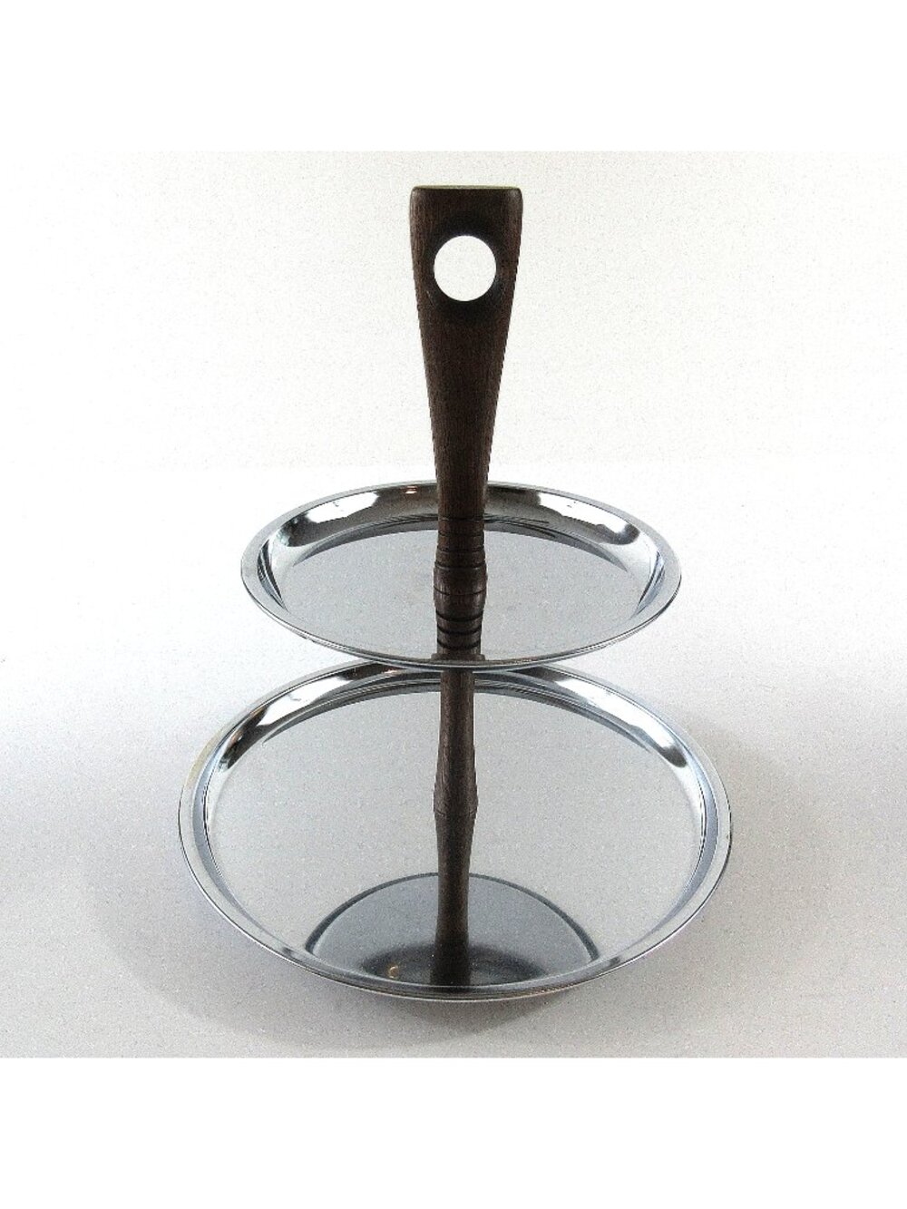 Vintage MCM Club American Walnut Chrome 2 Tiered Tidbit Appetizer Tray